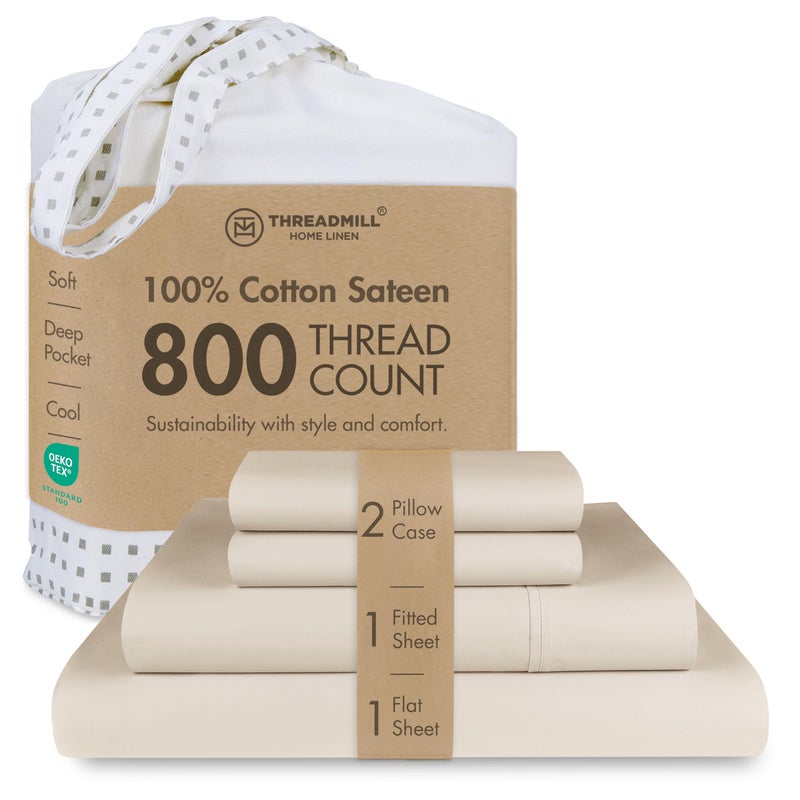 Threadmill Luxury 800 Thread Count Queen 100% Cotton Sheets - Light Beige Sateen Weave Bed-Sheets, Better Than Egyptian Cotton,4 Pc Solid Soft Bedding Set, Fits 16" Deep Pocket - Image 1